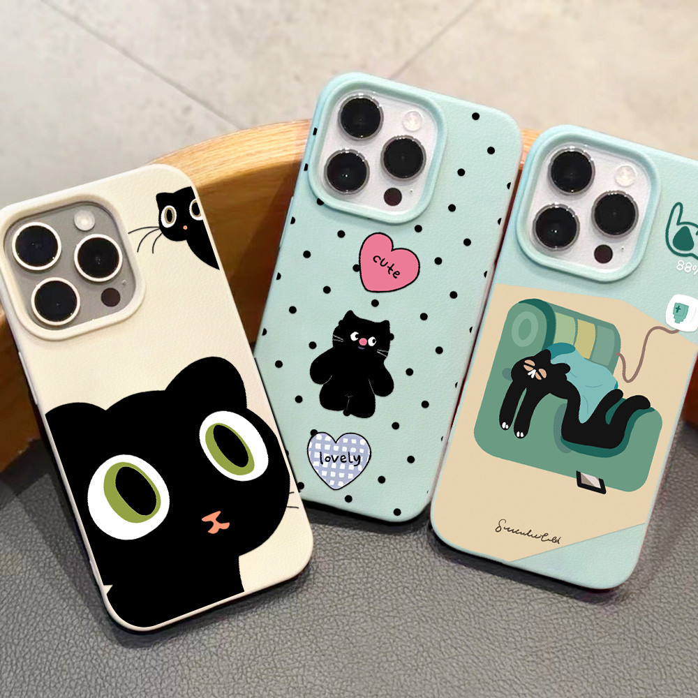 For เคสไอโฟน 11 13 12 เคส iphone 16 pro max 14 15 Pro X XR XS Max ลูกแมวสีดำ เคสโทรศัพท์มือถือหนัง PU อ่อนสำหรับ