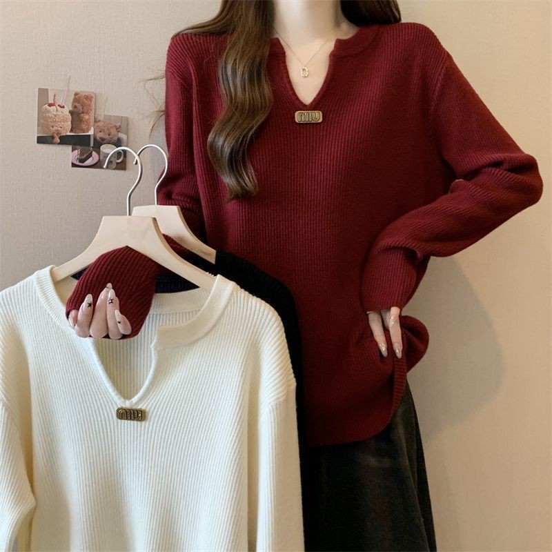 เสื้อยืดโอเวอร์ไซส์(40-100กก.) สไตล์หวานผู้หญิงด้ายธรรมดาด้านบนขนาดบวกแขนยาวเสื้อยืดคอวี