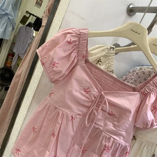 🧡LINNA🧡เวอร์ชั่นเกาหลี แขนสั้น เสื้อเชิ้ต โบว์ หวาน แฟชั่น ปลอกคอสแควร์