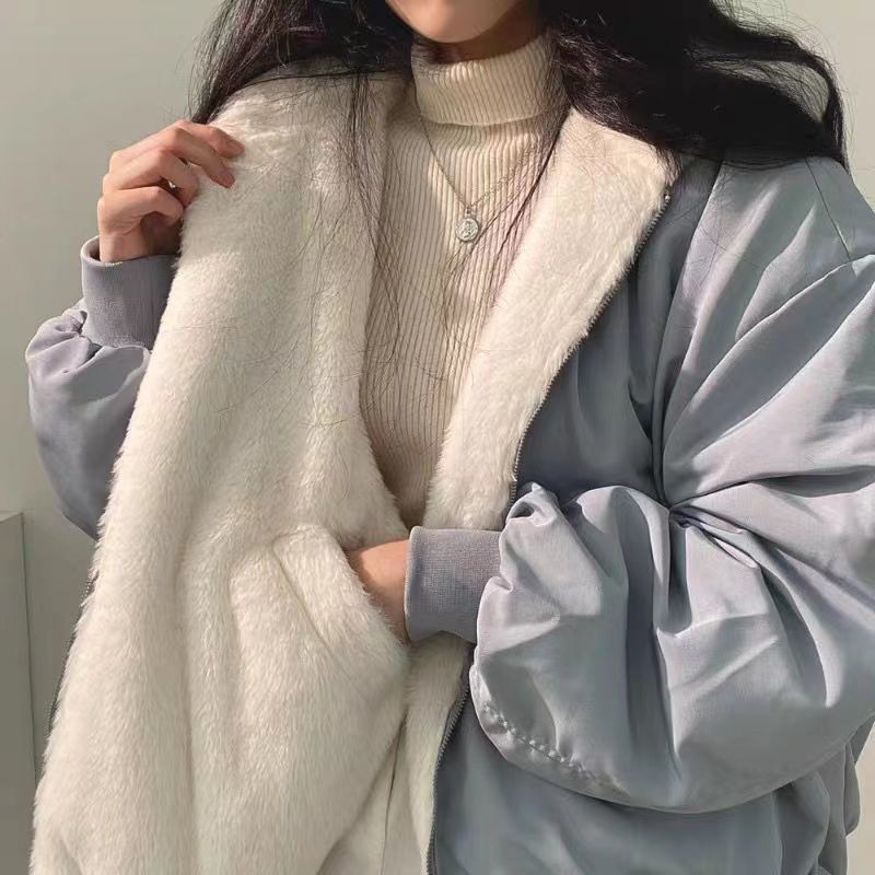 (พร้อมส่ง) เกาหลีบวกกำมะหยี่หนาสองด้านเสื้อแจ็คเก็ตผ้าฝ้ายขนแกะผู้หญิงฤดูหนาวใหม่ซิปมีฮู้ดเสื้อแจ็คเก็ตผ้าฝ้าย