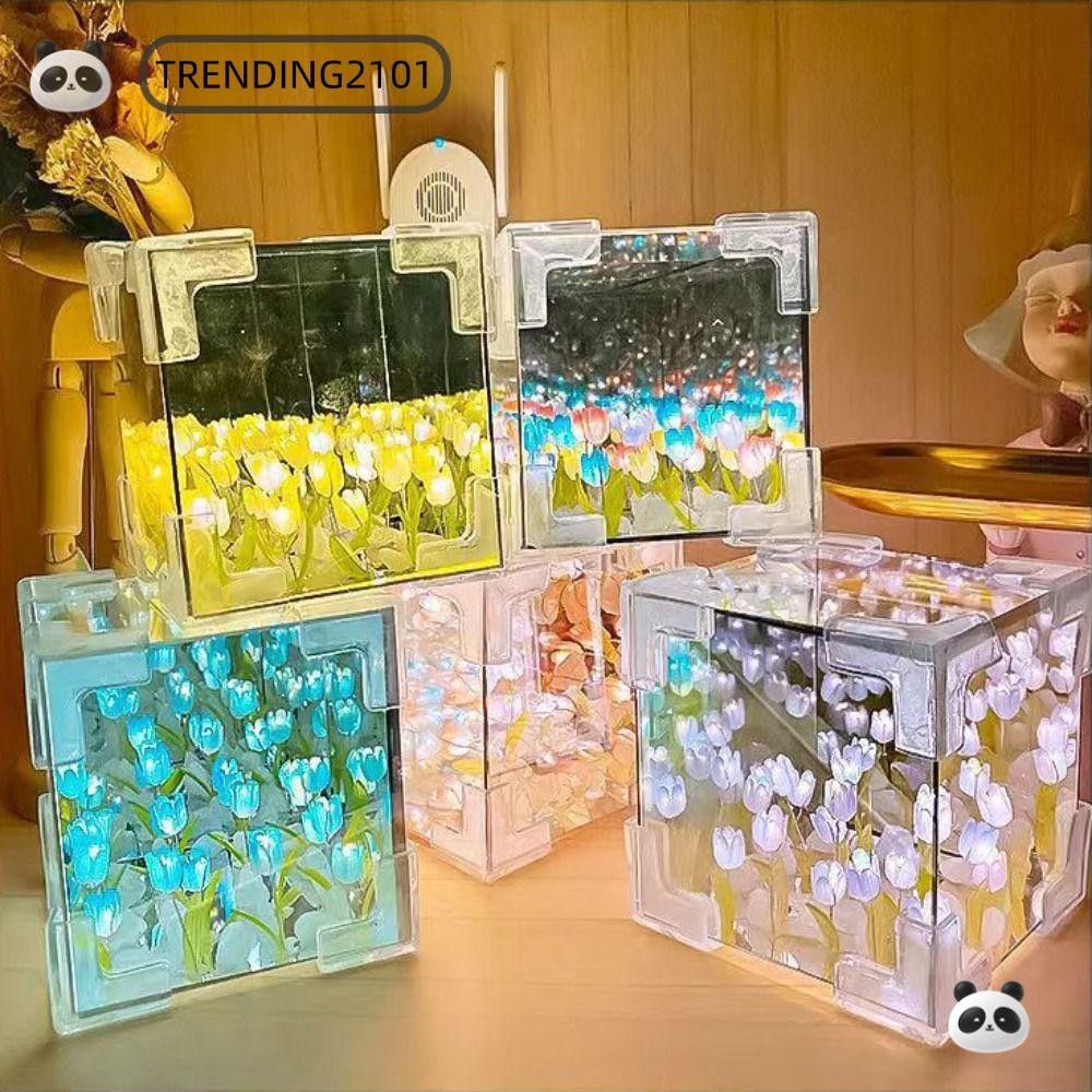Trending2101 ทิวลิปไฟกลางคืน, ถุงของขวัญที่ตื่นเต้น 21 ดอกไม้ LED ตกแต่งโคมไฟกลางคืน, Creative Magic Cube Handmade DIY กระจกแสงของขวัญวันเกิด