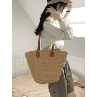 กระเป๋าสาน สายหนัง ทรงshoppping bag minimal P156