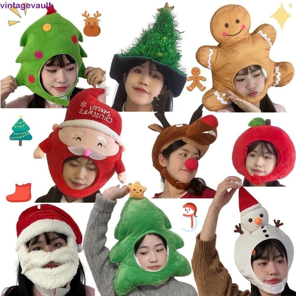 หมวกต้นคริสต์มาส VINTAGEVAULT, หมวกคริสต์มาส Reindeer Snowman, หมวกของขวัญหมวก Gingerbread Man Plush Santa Claus Cap Home