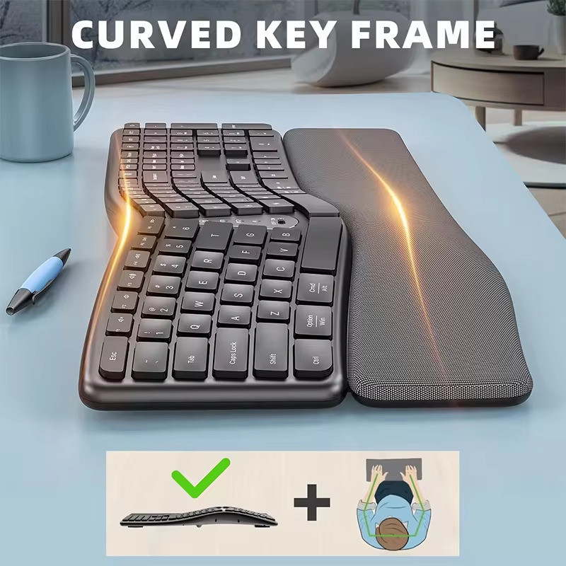 Ergonomic ไร้สายเงียบแยกคีย์บอร์ดเมาส์ Combo พร้อมที่วางข้อมือ BT Dual Mode คีย์บอร์ดชาร์จไร้สายสําหรับ Win7/8/10