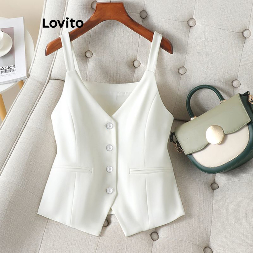 Lovito เสื้อกล้ามกระเป๋าปลอมเรียบหรูธรรมดาสำหรับผู้หญิง LNE69530