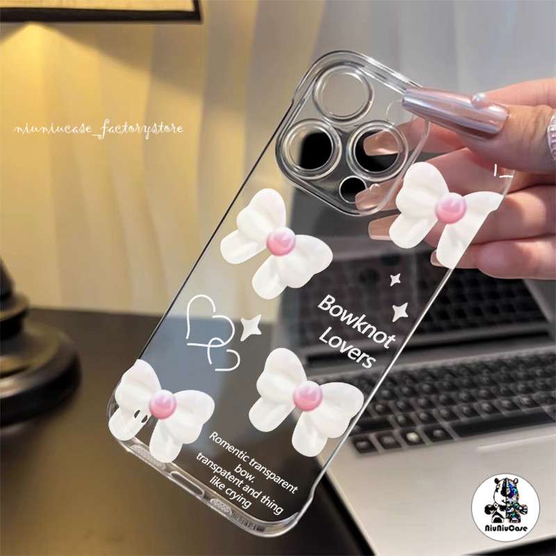 บางใสไร้ขอบสำหรับเคสไอโฟน11 13 Bow Cat Girl กรณีโทรศัพท์IPhone 11 12 13 14 15 16 Pro Max Plus Hard PC กรณีป้องกันการตก
