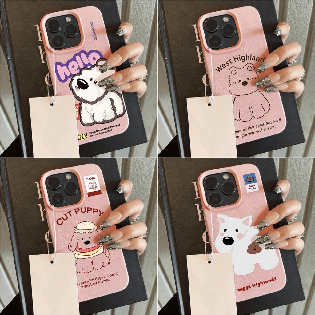 เคสFor iPhone 11 13 16 15 12 14 PRO MAX XR X XS MAX 15 Plus เคสโทรศัพท์ซองหนังนิ่มกันกระแทก สีชมพู ลูกสุนัขที่มีความสุข
