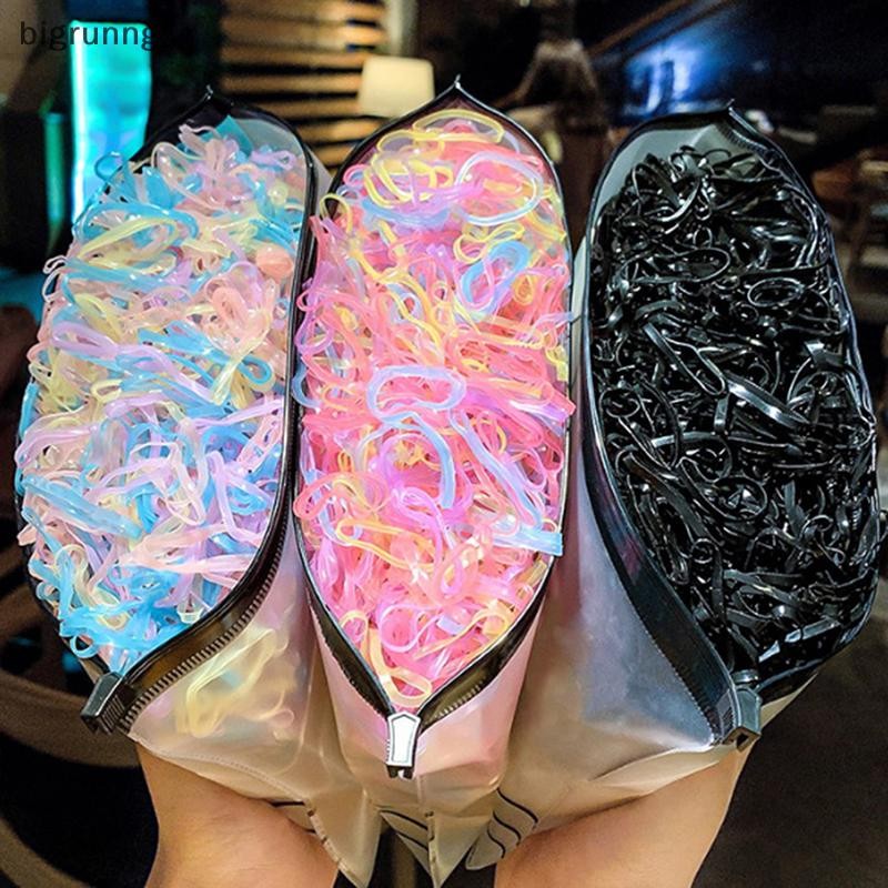 👑👑[ขาวดำ·ไว้ทุกข์]Bigrunng 1000PCS ยางแบบใช้แล้วทิ้งยืดหยุ่นผม Ties แหวนเด็กผู้หญิง Ponytails SG