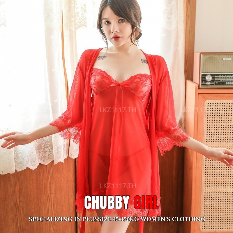 Chubby GirL Set Sexy Pajamas ชุดนอนเซ็กซี่สาวอวบไซส์ใหญ่ผู้หญิงชุดเดรสสลิงซีทรูโบว์ผ้าคลุมไหล่ชุดนอนเซ็กซี่ตาข่าย