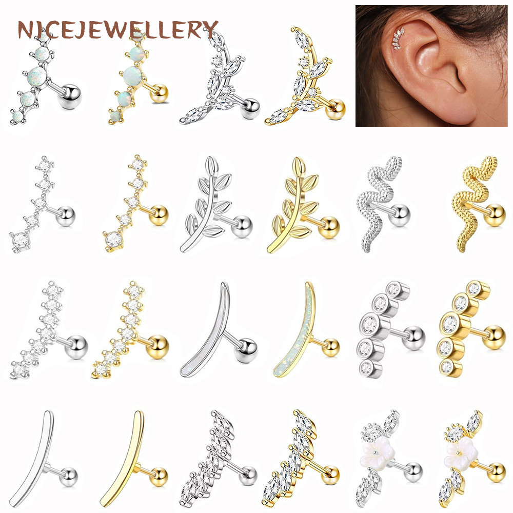 16g กระดูกอ่อนเจาะดอกไม้/ใบไม้รูปแบบหูสตั๊ด Cubic Zircon Earlobe เจาะ 1 PC สแตนเลสสตีลต่างหู