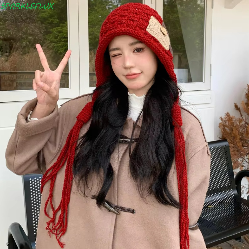 ประกายไฟ หมวกถักพู่ยาวฮาราจูกุออกแบบให้อบอุ่นโครเชต์ เล่ย ฮ หมวก, ปุ่มแฟชั่นกันลมสไตล์เกาหลีหมวกป้องกันหูกลางแ