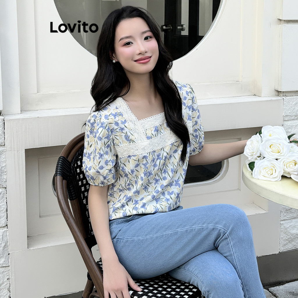 Lovito เสื้อเบลาส์คอระบายลายดอกไม้สไตล์ลำลองสำหรับผู้หญิง L108ED174