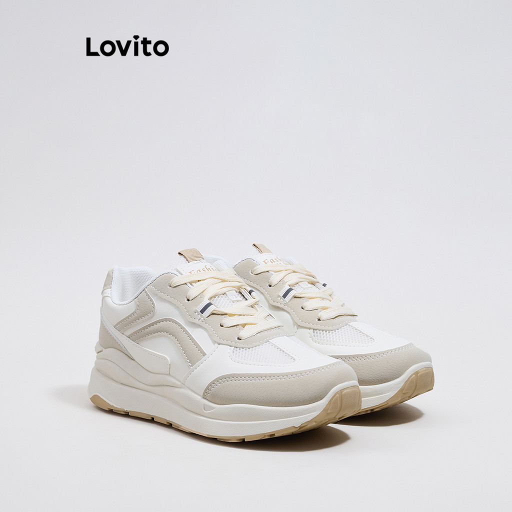 Lovito รองเท้าผ้าใบผู้หญิง ส้นหนา แบบผูกเชือก แต่งผ้าตาข่าย ระบายอากาศ น้ำหนักเบา สวมใส่สบาย สีพื้น สไตล์ลำลอง LFA43650