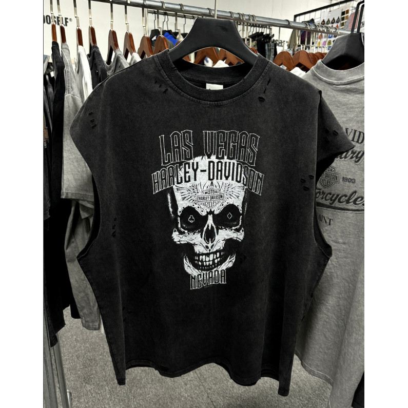 ขายร้อน SAINT < Harley Harley Vegas Tour Limited} Limited Wasteland Style Hand-Worn Heavy Washing Vest เสื้อยืด