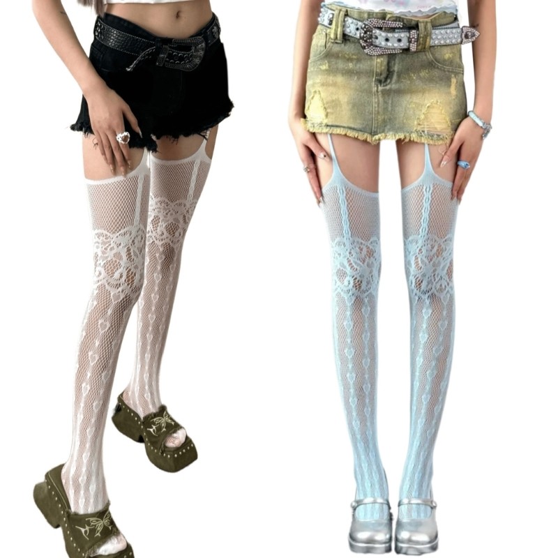 Zuo ผู้หญิง Subculture Punk Sheer Fishnet Pantyhose หัวใจลาย Suspender Tights Hollowed Out ถุงน่องต้นขา