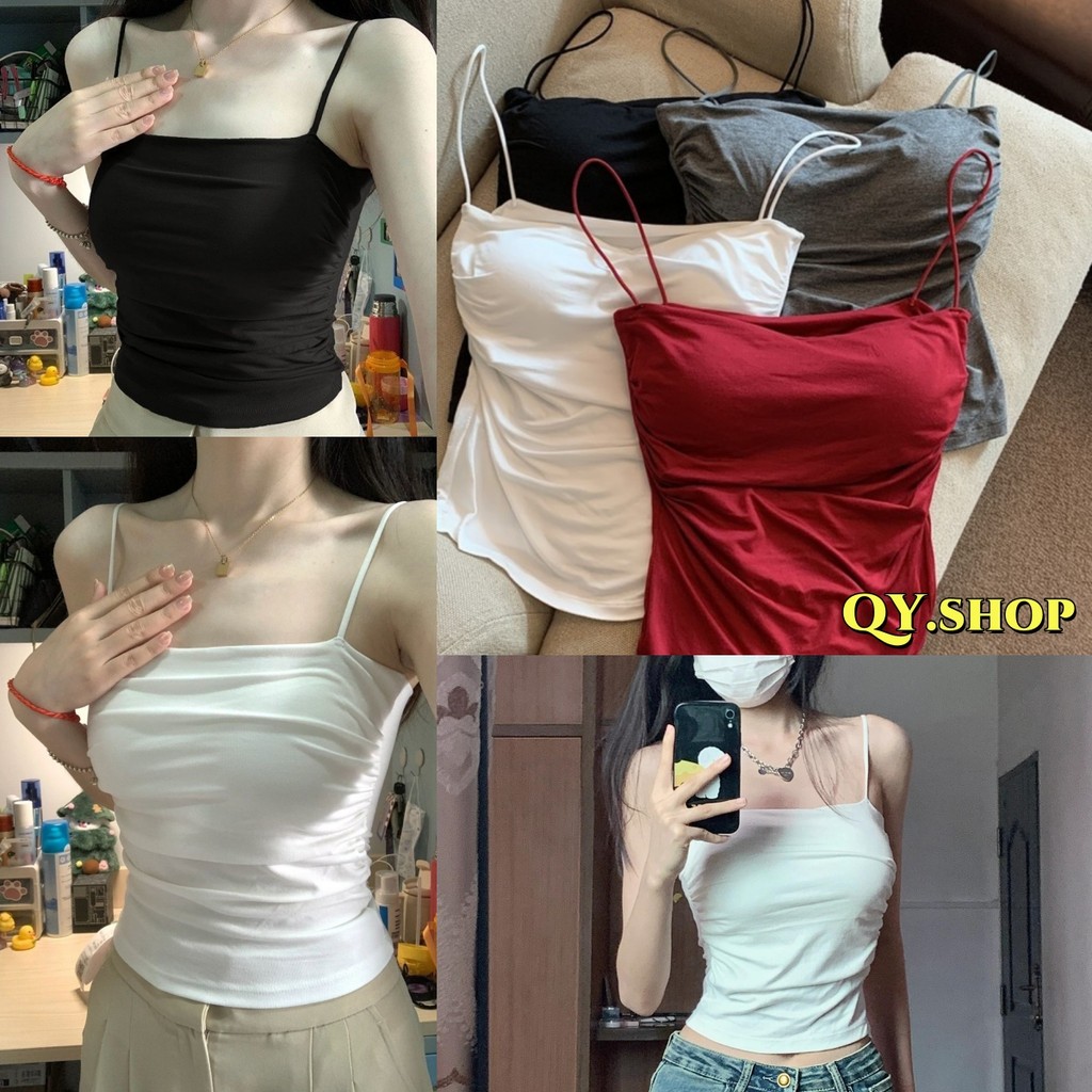 QY.Shop⭐️สินค้าราคาพิเศษ⭐️เสื้อสายเดี่ยว มีฟองน้ำ ดีเทลขอบย่นๆ ผ้านิ่มเด้ง"FY3383" -DD