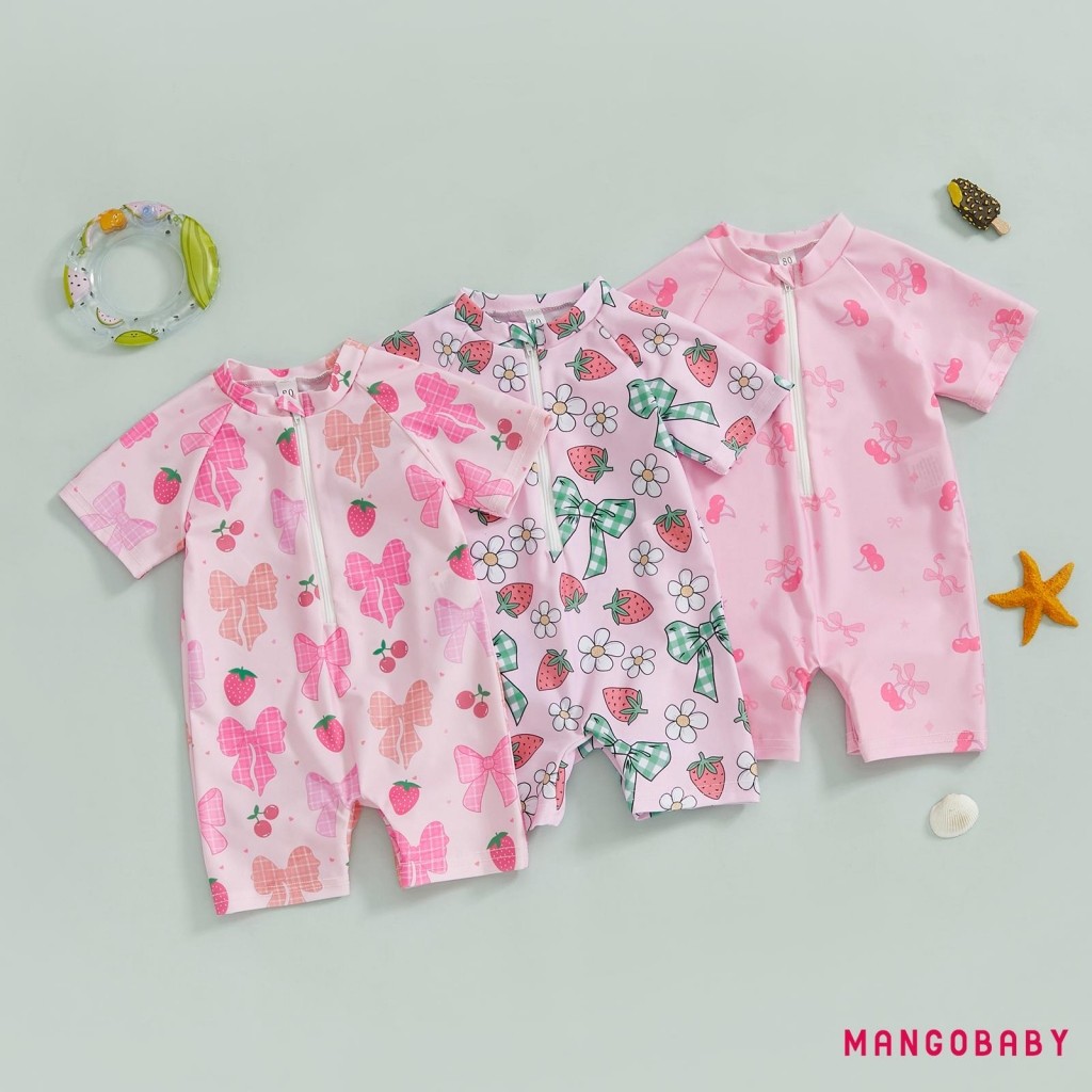 Mg-toddler Girl Rash Guard ชุดว่ายน้ํา Cherry/Bow Print Zipper Short Sleeve Zip Up ชุดว่ายน้ํา