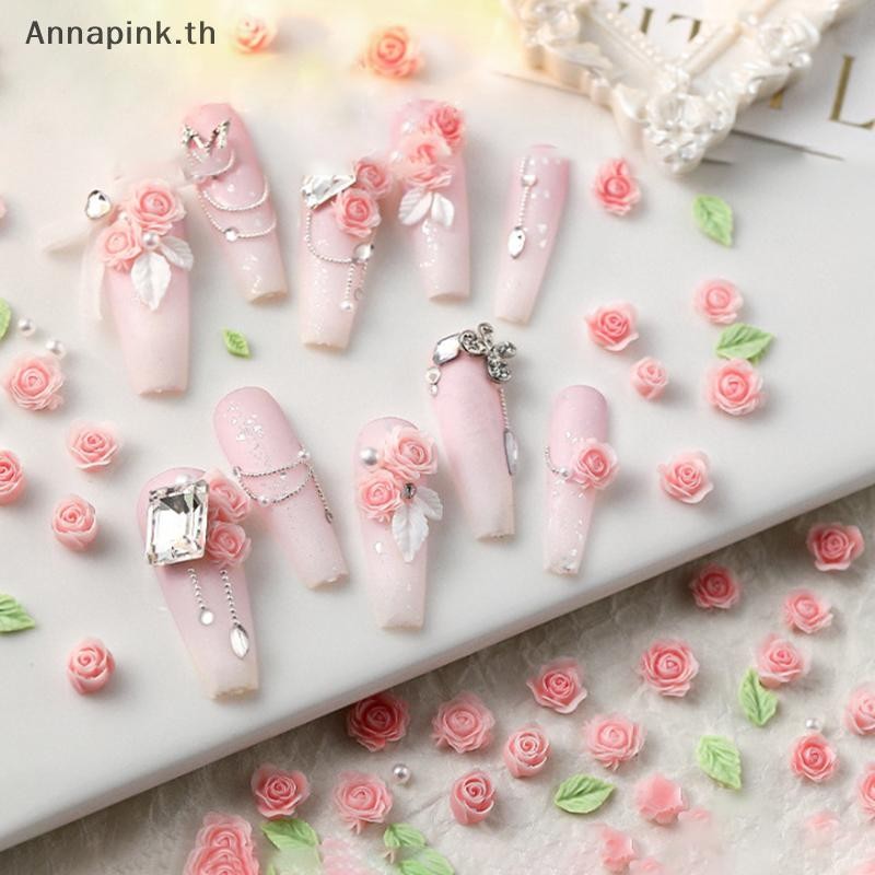 Annapink.th 50pcs 3D ขนาด 6/7/8 มม.ดอกไม้เรซิ่น Rose เล็บ Ch อุปกรณ์เสริมสีชมพู Rose สีแดงเล็บ Decoratons อุปกรณ์ DIY EN
