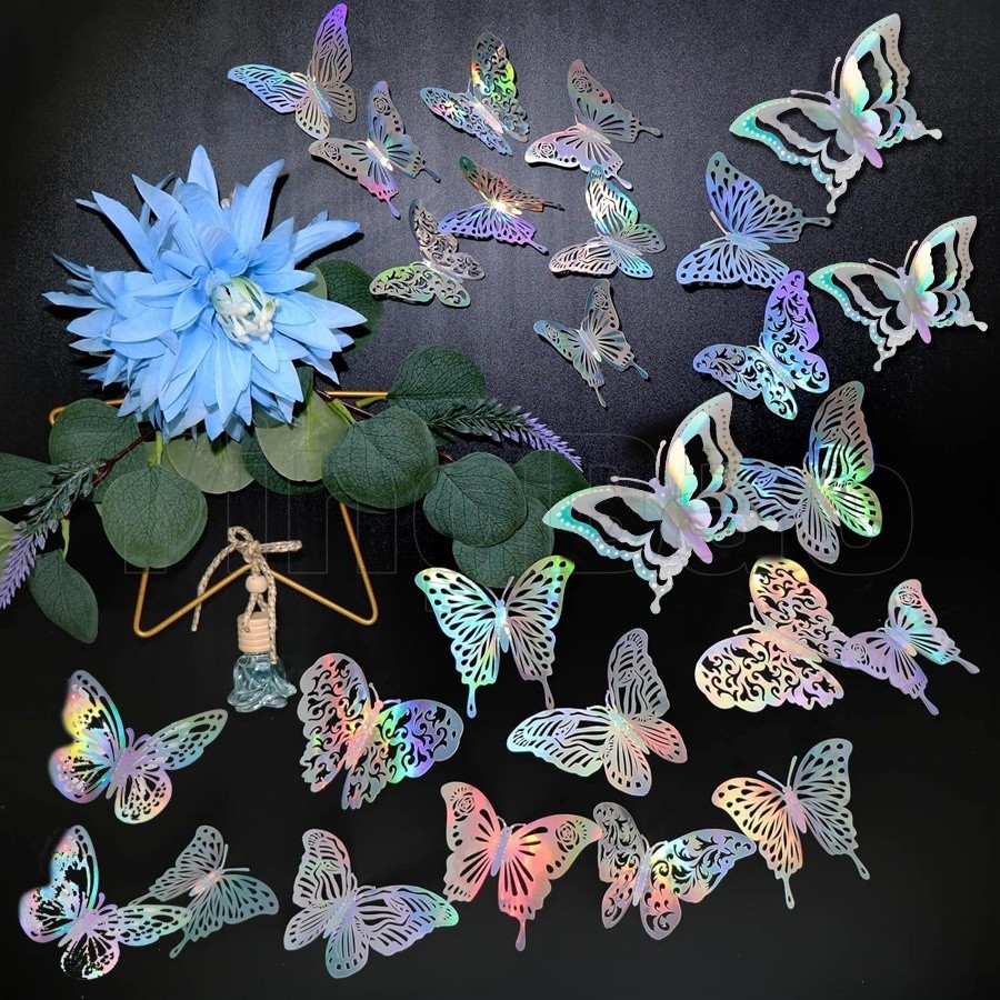 48 ชิ้น 3D ผลคริสตัล Butterflies สติ๊กเกอร์ติดผนัง Butterflies Cupcake ด้านบนสําหรับงานแต่งงานเด็ก Wall Decal การถ่ายภาพ Props ตกแต่งบ้าน