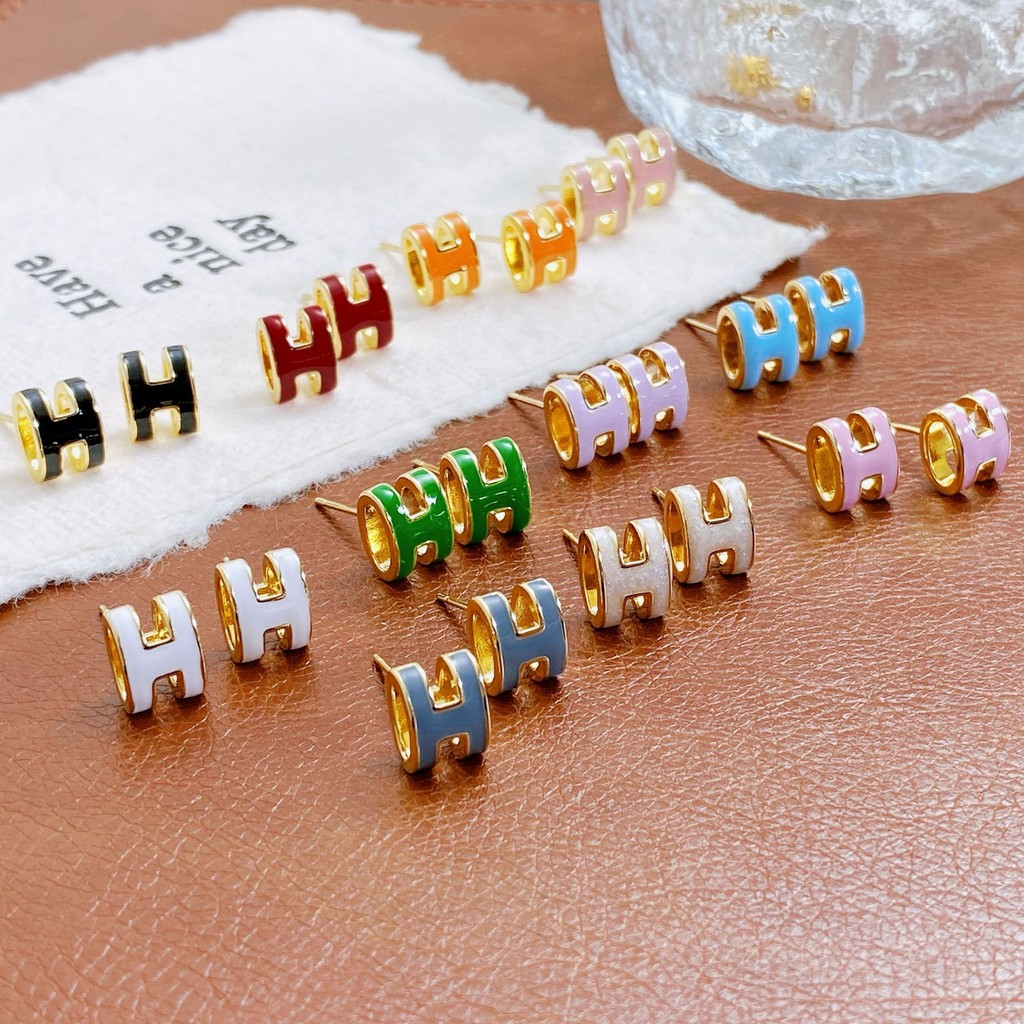 ต่างหู ทองแดงชุบ 18เค ตัวอักษรทองแท้ ชม. สามมิติสีหยดเคลือบเคลือบต่างหูสุภาพสตรีเครื่องประดับ