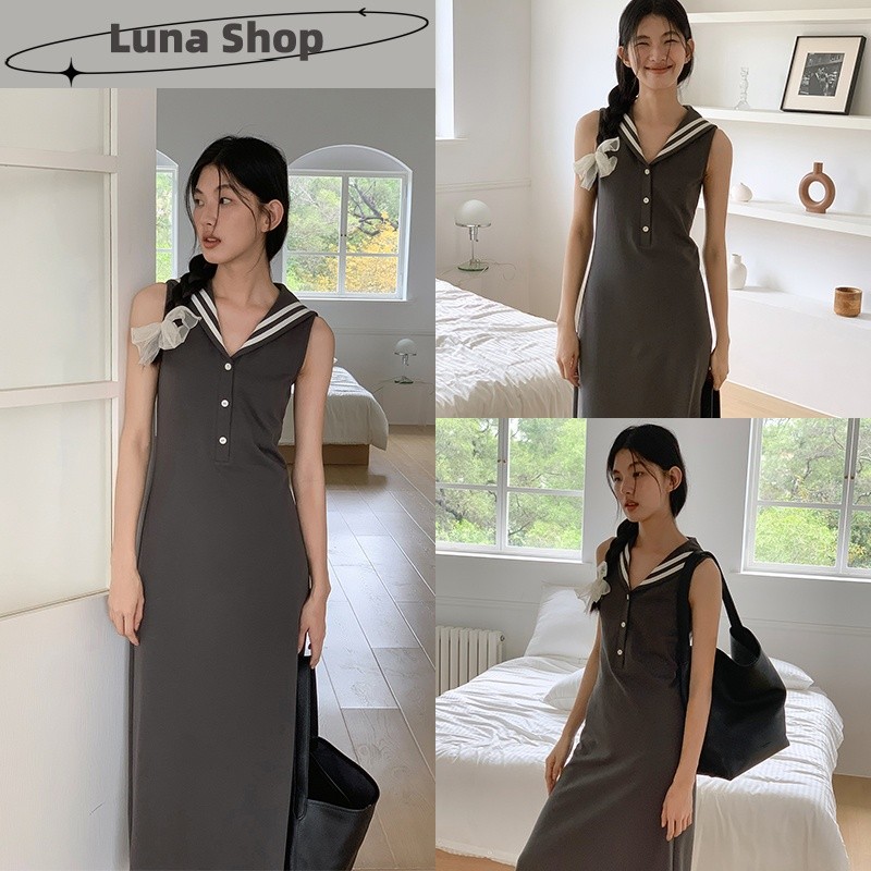 Luna Shop ชุดเดรสแฟชั่นสไตล์วิทยาลัยคอวีสไตล์เกาหลีสำหรับผู้หญิงกระโปรงยาวแขนกุดเข้ารูป