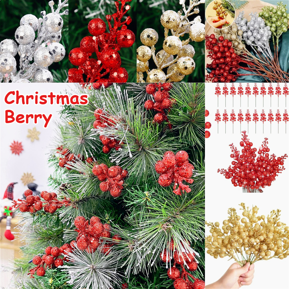 1 ชิ้นประดิษฐ์คริสต์มาส Berry Glitter Berries Stems ต้นคริสต์มาสพวงหรีดตกแต่งตกแต่งคริสต์มาส