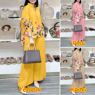 ZANZEA ซานเซีย ผู้หญิงเกาหลีพิมพ์ปกจีบแขนโคมไฟกระเป๋าขากว้างชุดสองชิ้น