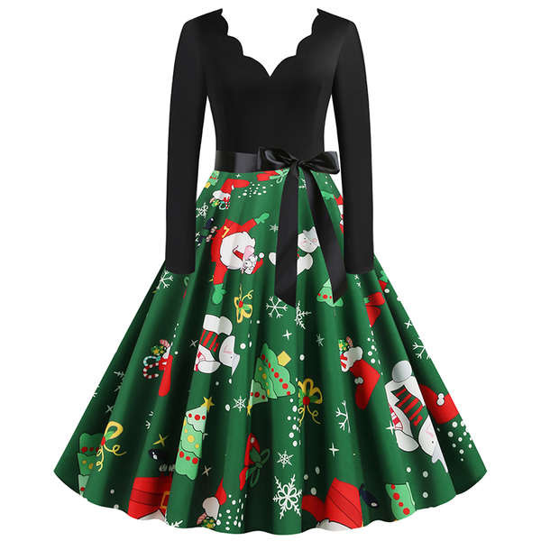 christmas dress ตรีมคริสมาส สไตล์ยุโรปและอเมริกัน V-neck devoré เย็บตุ๊กตาหิมะต้นคริสต์มาสพิมพ์แขนยาวสวิงชุดคริสต์มาสชุดคริสต์มาส