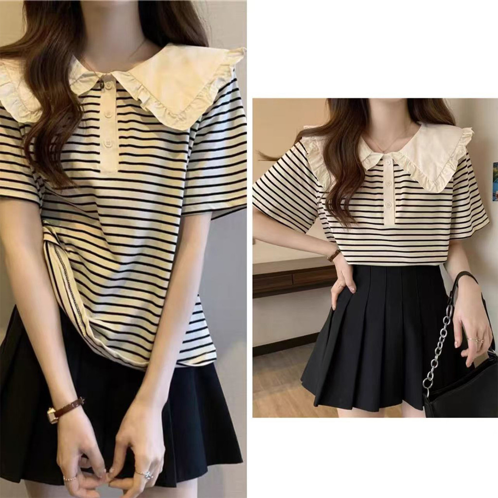 เสื้อยืดแขนสั้นคอปีกลายทาง กระชับสบายตัวยามร้อน
