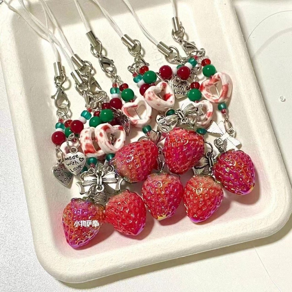 น่ารักโบว์สตรอเบอร์รี่ลูกปัดโทรศัพท์มือถือโซ่เชือกเส้นเล็กกล้องโซ่อุปกรณ์เสริมกระเป๋าเป้สะพายหลังจี้ตกแต่งของขวัญเพื่อน