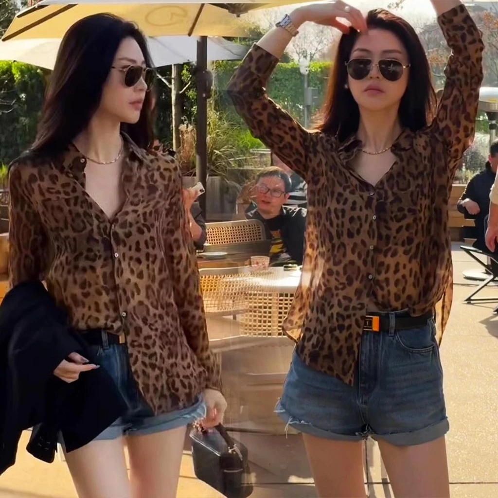 Chili Kokoเสื้อเชิ้ตแขนยาวผ้าชีฟองพิมพ์ลายเสือดาวสไตล์เรโทรสำหรับผู้หญิง เสื้อชีฟองเนื้อบางหลวมๆW574