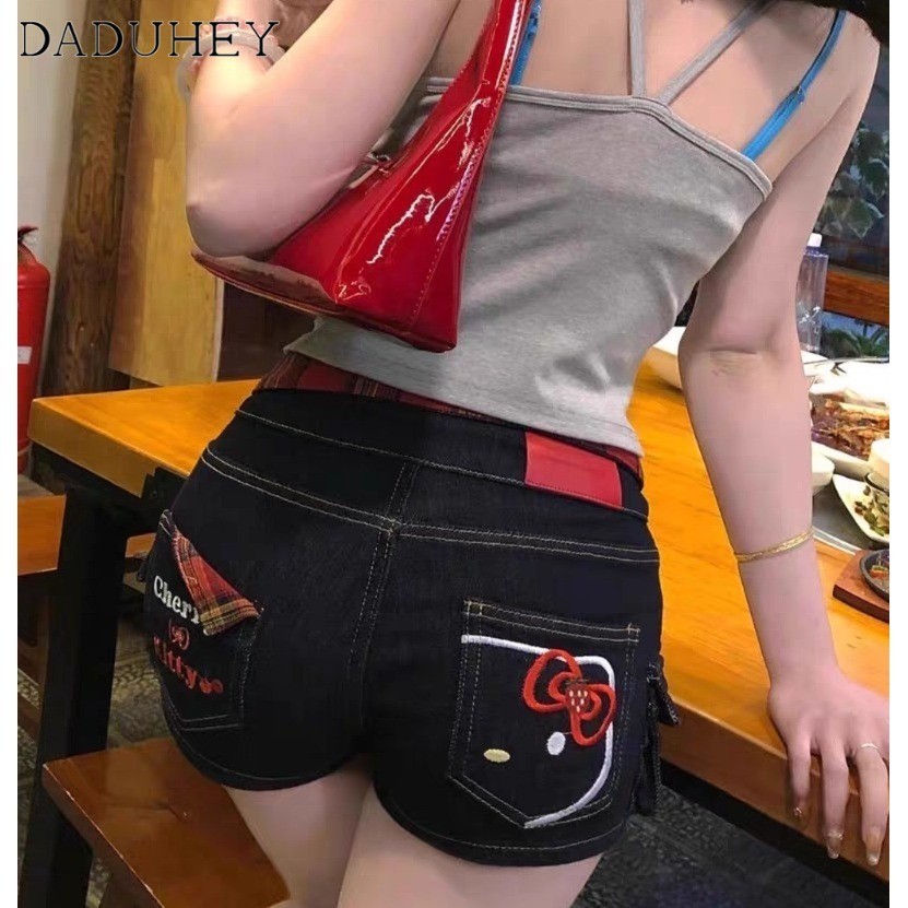 DaDuHey2026 American Style Vintage Red Grid Contrast Color Hello Kitty Embroidery Denim Shorts 2026 Spring and Summer New High Waist Slimming A- line Hot Pants