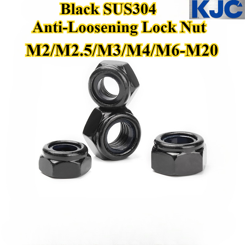 [KJC-FSLM] สีดํา SUS304, น็อตล็อคป้องกันการหลุด M2/M2.5/M3/M4/M6-M20 SUS304/316 น็อตกันลื่นเครื่องซักผ้าไนลอนสแตนเลส, น็อตสกรูล็อค