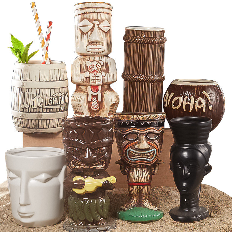 สไตล์ค็อกเทลถ้วย 80 Tiki Cup Tiki Cup Bar Mug สไตล์สร้างสรรค์มะพร้าวฮาวายถ้วยเซรามิค 7CE7