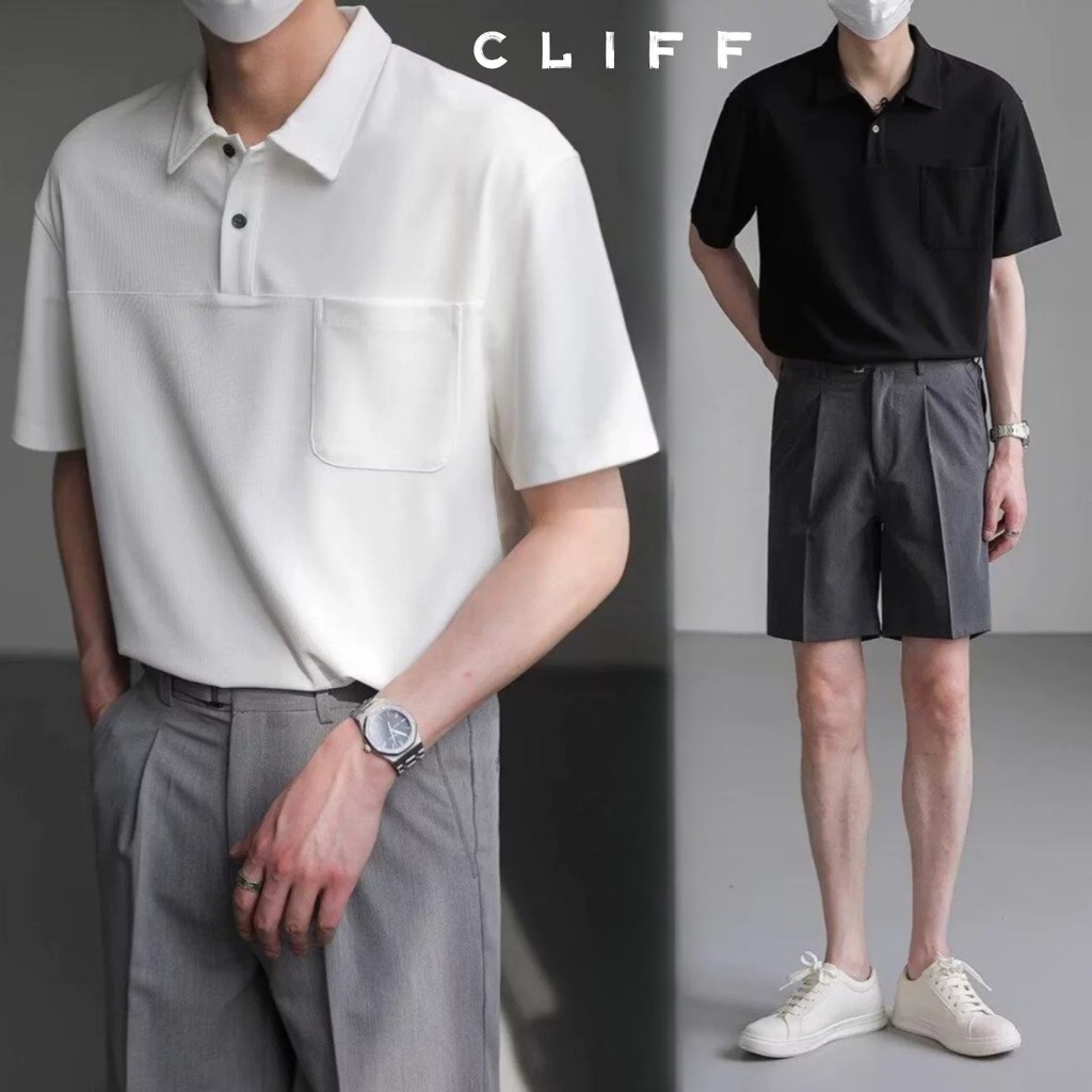 CLIFF เสื้อโปโลผู้ชาย การออกแบบกระเป๋า แนววินเทจสไตล์ญี่ปุ่น แฟชั่นเรียบง่าย ลำลองทรงหลวม
