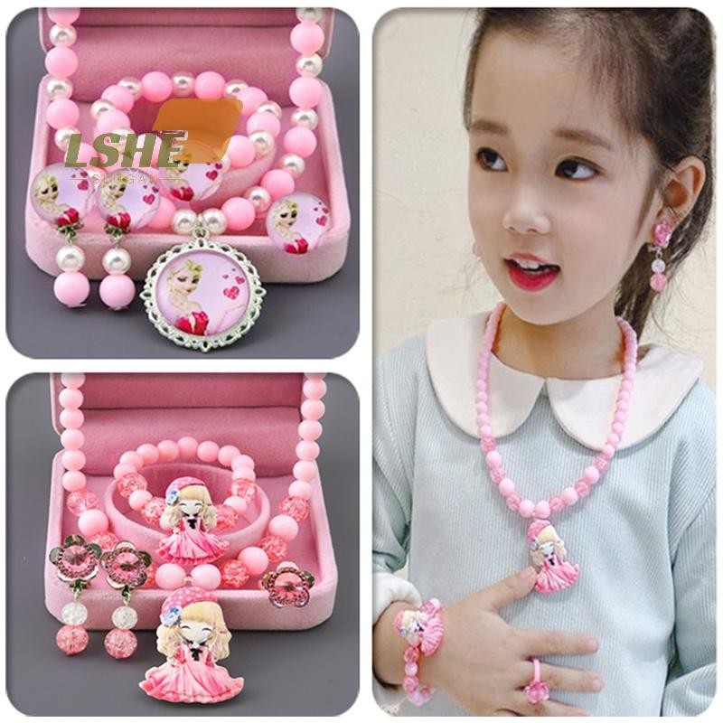 [ลเช่] 1ชุดการ์ตูนน่ารักเด็กสร้อยคอแหวนนิ้วสร้อยข้อมือต่างหูชุด น่ารัก หวานเจ้าหญิงอุปกรณ์เครื่องประดับของขวัญวันเกิดใ