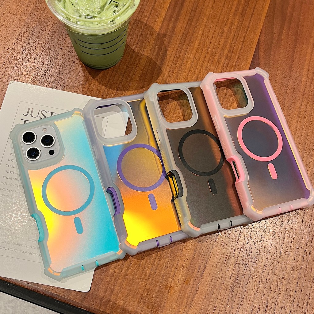 เคสโทรศัพท์สําหรับ Iphone 16 Pro Max 13 14 15 Pro 16 Plus เลเซอร์แม่เหล็ก 2in1 Anti Drop เลนส์เต็มถุงลมนิรภัยป้องกันฝาครอบโปร่งใส