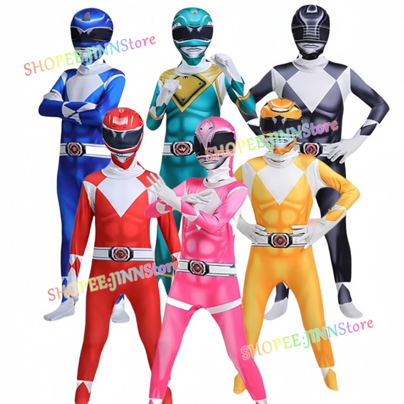 -JINN-ผู้ใหญ่/เด็ก POWER RANGERS คอสเพลย์เครื่องแต่งกายชุดแฟนซี Jumpsuit Superhero ฮาโลวีนชุดงานเลี้ยงวันเกิด