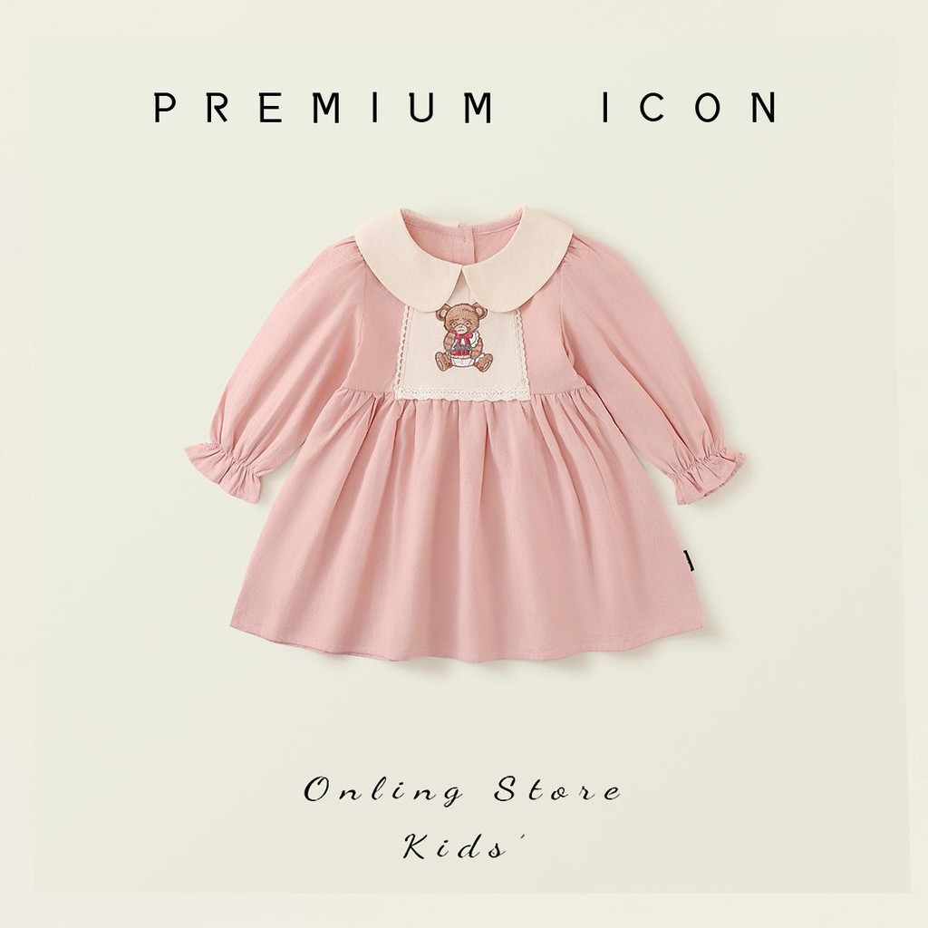 Hania Kids ชุดเดรสกระโปรงแขนยาว ลายปักน้องหมี สไตล์เกาหลี สำหรับเด็กผู้หญิง - K4135365