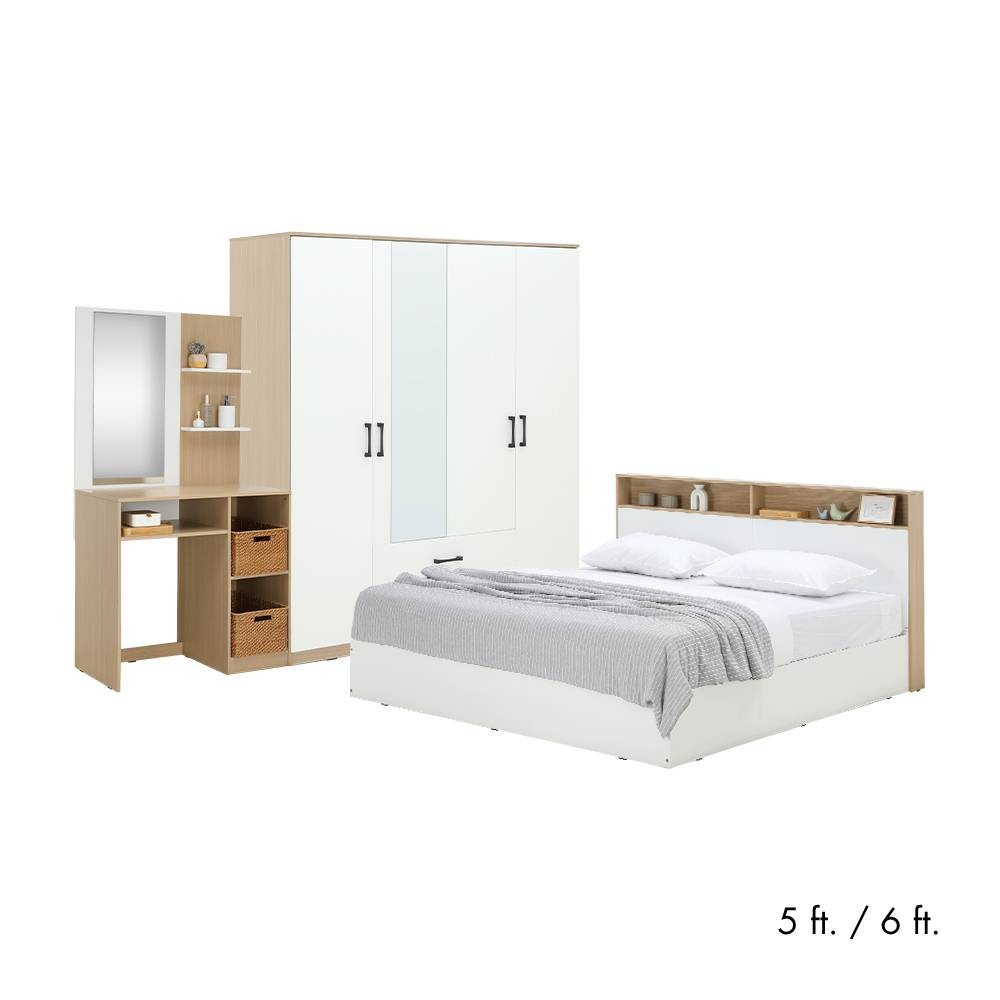 HomeHuk ชุดห้องนอน รุ่นคาร์เนชั่น+ฟินซ์ (เตียง, ตู้เสื้อผ้า 4 บาน พร้อมกระจก, โต๊ะเครื่องแป้ง) - สีขาว/ธรรมชาติ