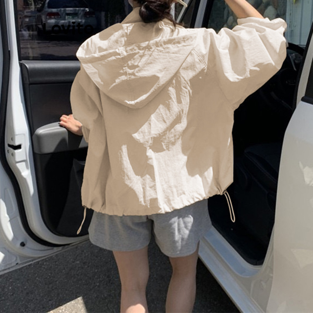 Lovito เสื้อแจ็กเก็ต แขนยาว เชือกผูก ซิปรูด สีพื้น สไตล์ลำลอง สำหรับผู้หญิง LNE09043 (สีเหลืองอ่อน)