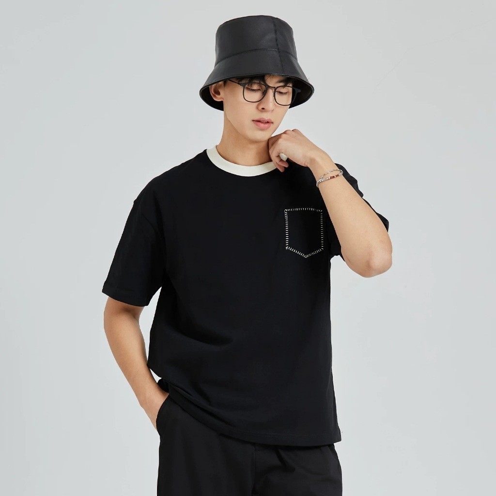 BECoolMan🍃เสื้อยืดผู้ชายยอดนิยม เย็บครึ่งแขนสีตัดกัน การออกแบบระดับไฮเอนด์สำหรับเยาวชน สีล้วน ขยายใหญ่  หลวมแมทช์ลุคง่าย - รูปที่ 3