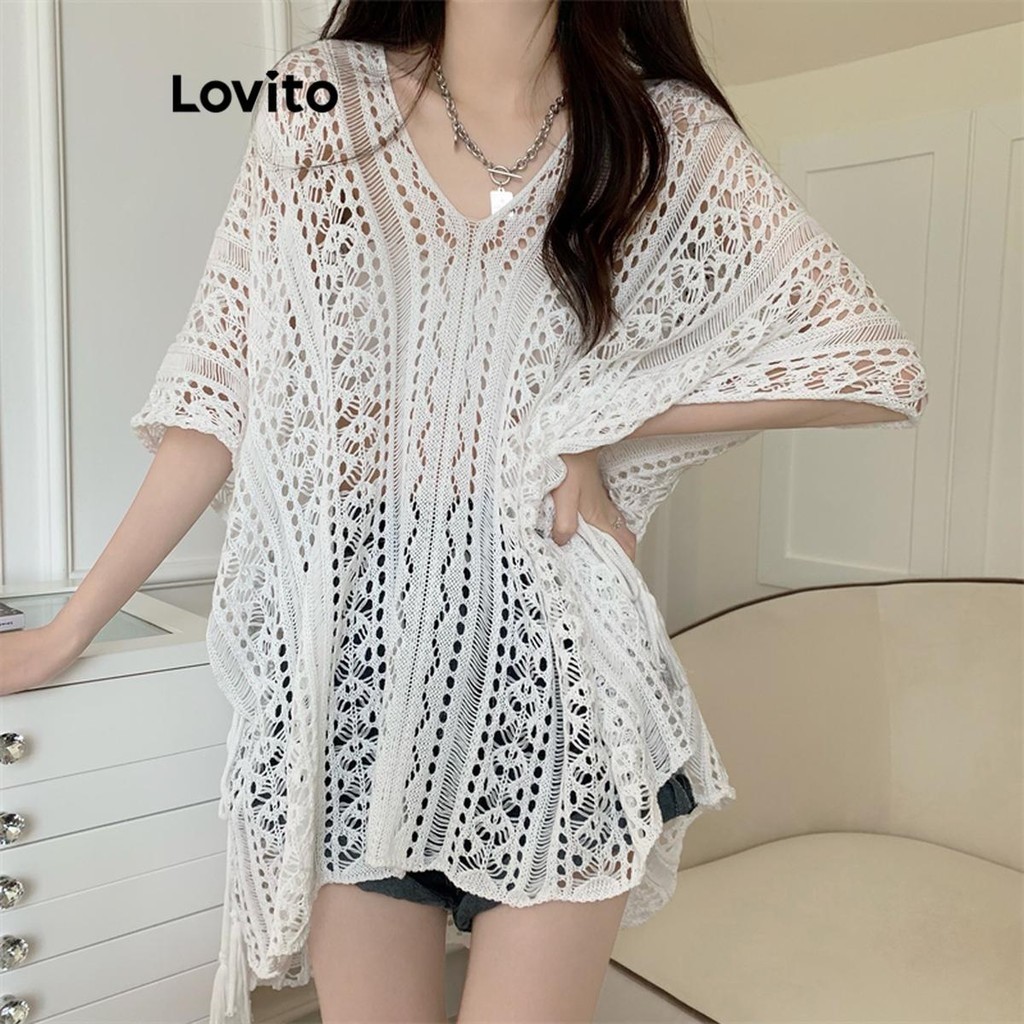 Lovito เสื้อคลุมผู้หญิง ผ้าโปร่ง สีพื้น สไตล์ลำลอง LNE67443