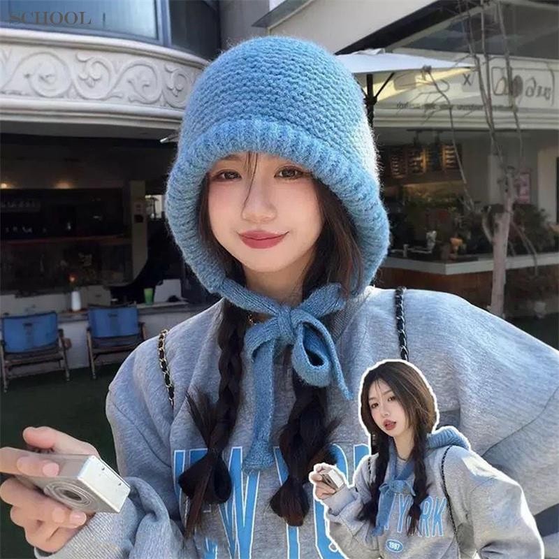2024 ฤดูหนาวใหม่หมวกผู้หญิง หมวกไหมพรม สีทึบนุ่มยืดหยุ่นถักอเนกประสงค์แนวทแยงข้ามกระเป๋าหมวกเย็น