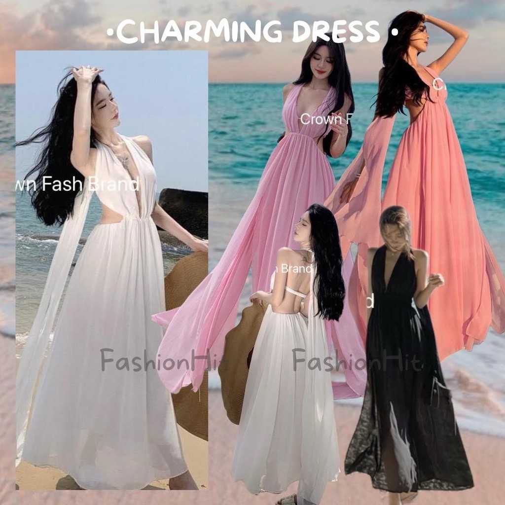 FashionHit•Charming Dress•[พร้อมส่ง] แม็กซี่เดรสคล้องคอ ดีไซน์เว้าอกแบบลักชูรี่ เว้าเอวเพิ่มความเพรียว #03201