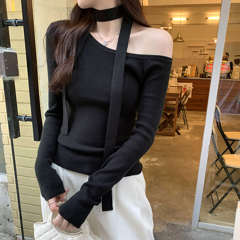 ฝรั่งเศสเชือกแขวนคอคอริบบิ้นปิดไหล่ถักเสื้อ จุดต่ําสุด ผู้หญิงฤดูใบไม้ร่วงฤดูหนาว 2024 การออกแบบสไตล์ใหม่ข้าม @