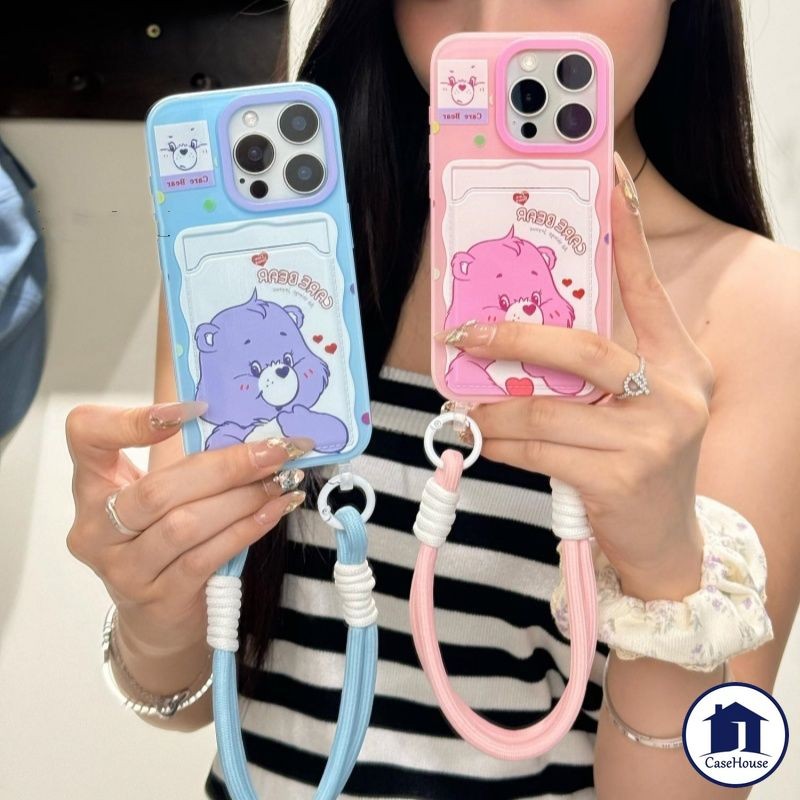 เคสแบบนุ่มพร้อมสายคล้องลายการ์ตูน Care Bears เข้ากันได้กับ IPhone 7Plus 15 Pro Max XR 13 16 11 12 14 Pro Max X XS Max SE