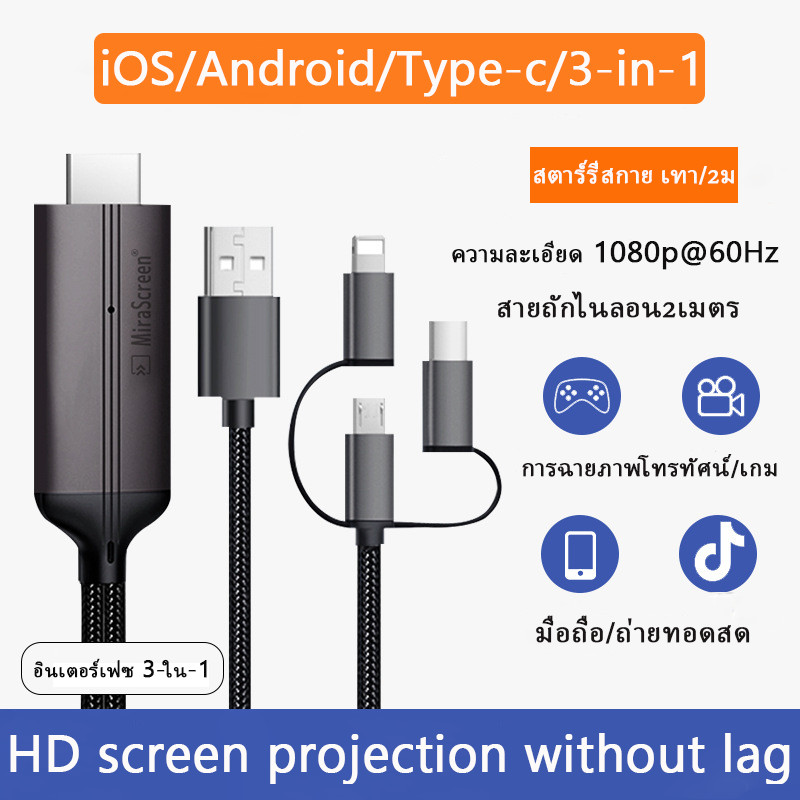 พร้อมส่ง 3in1 สายเคเบิลข้อมูลเหมาะสำหรับ ios/android/type-C แชร์หน้าจอมือถือบนทีวี คอมพิวเตอร ต่อมือถือเข้าtv