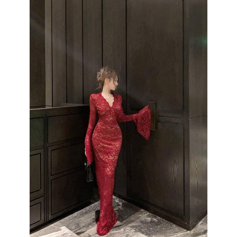 Xyzkuli Retro ชุดลูกไม้สีแดงผู้หญิงฤดูใบไม้ร่วงแขนยาวแคบ-เอว Slim-Fit กระโปรง French Royal Sister อารมณ์สะโพก ราคา ถูกที่สุด ดีลบีเคเค แกลเลอรีภาพที่ 6
