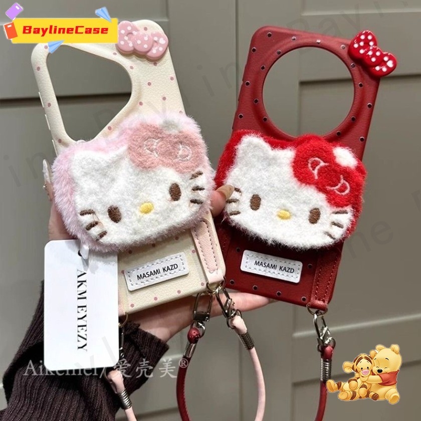 ขาย 3D Plush HelloKitty หนังเคสโทรศัพท์ + โบว์ + เชือกสําหรับ iPhone 16 15 14 13 12 11 Pro Max X Xr Xs Max 8 7 6 Plus SE2020 Ins ปกอ่อนกันกระแทกป้องกันปลอก